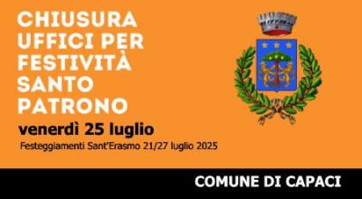AVVISO PUBBLICO: CHIUSURA DEGLI UFFICI COMUNALI NELLA GIORNATA DI VENERDÌ 25 LUGLIO